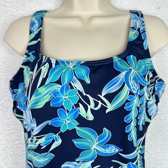 Lands' End‎ Swimsuit Womens 16 Long Blue Floral One Piece Tank Underwire Cups - Picture 2 of 16